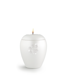 Keramik-Urne weiss mit Pfotenmotiv und Gedenklichteinsatz 0,5 ltr.