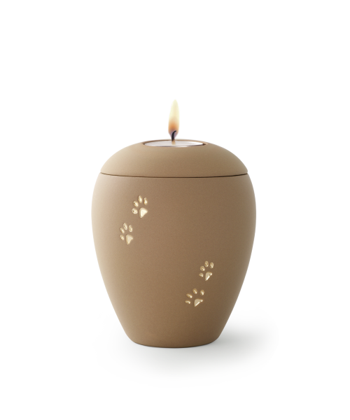 Siena Keramik-Urne braun mit Gedenklichteinsatz und 4 Relief-Pfötchen  (1,5 ltr.)